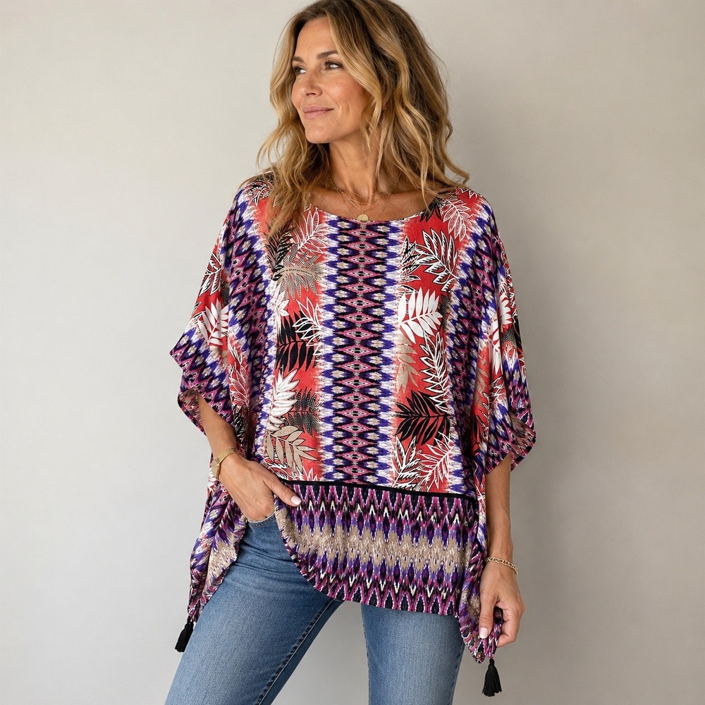 Ruby Rd Linen Poncho Top Purple Orange Floral‎ Tassel Boho Resort Beach Cover Up